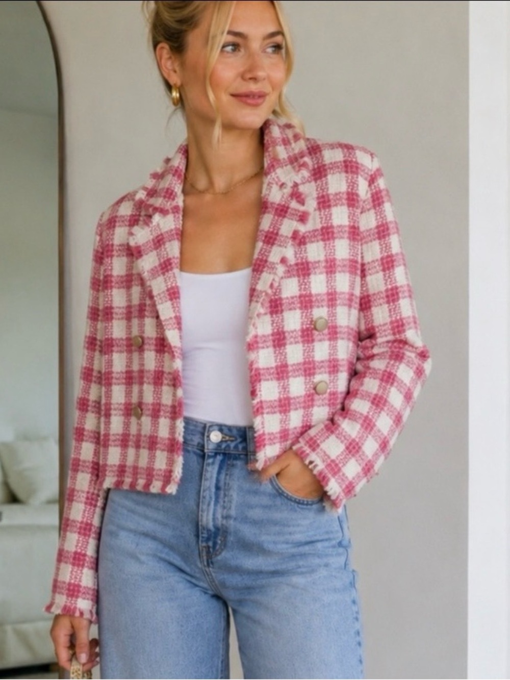 House of Harlow 1960 Pink Tweed Plaid Cropped Blazer Jacket  Women’s Large